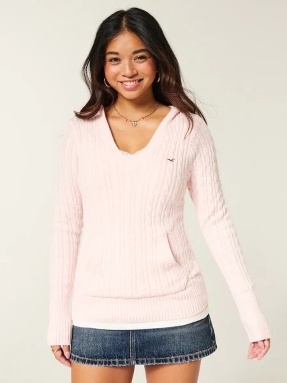 Hollister Pale Pink Cable-Knit V-Neck Hoodie Sweater NWOT SIZE L